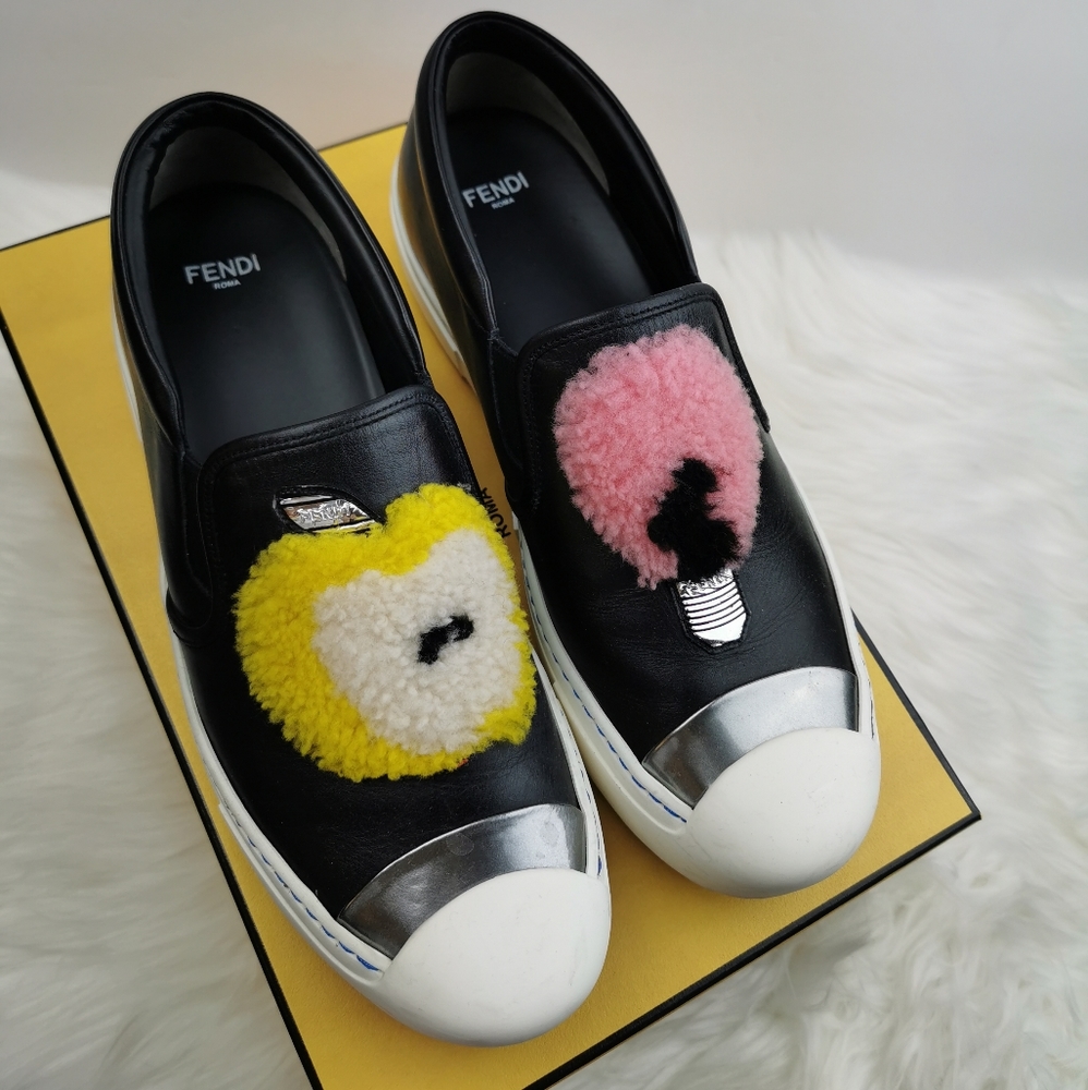Like new FENDI leather & fur slip-ons sz 38 with BOX
